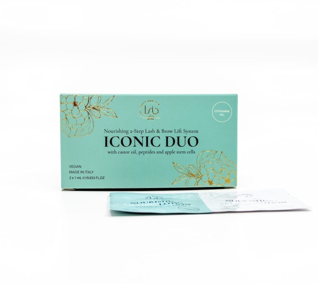 Fast-acting, vegan 2-step system for Korean lash lift and brow lamination. No Step 3 needed. Nourishes with castor oil, peptides, and apple stem cells.