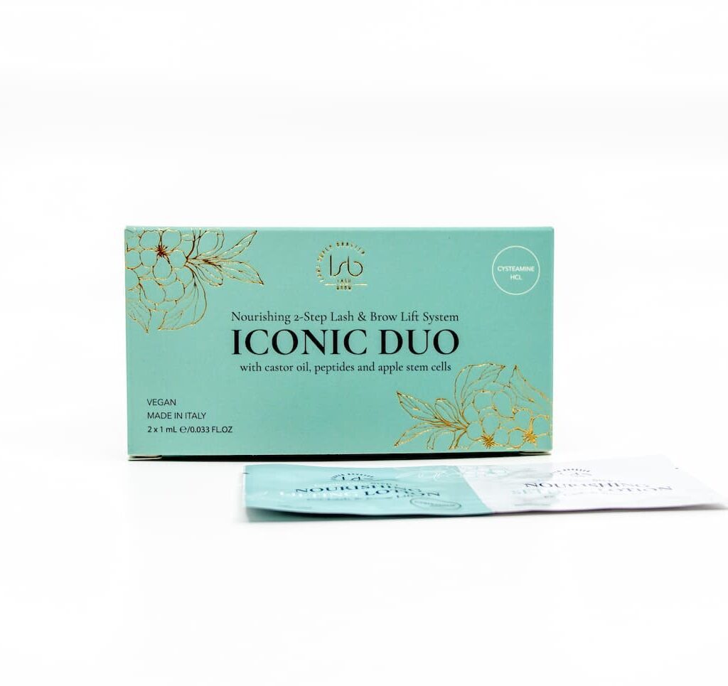 Fast-acting, vegan 2-step system for Korean lash lift and brow lamination. No Step 3 needed. Nourishes with castor oil, peptides, and apple stem cells.